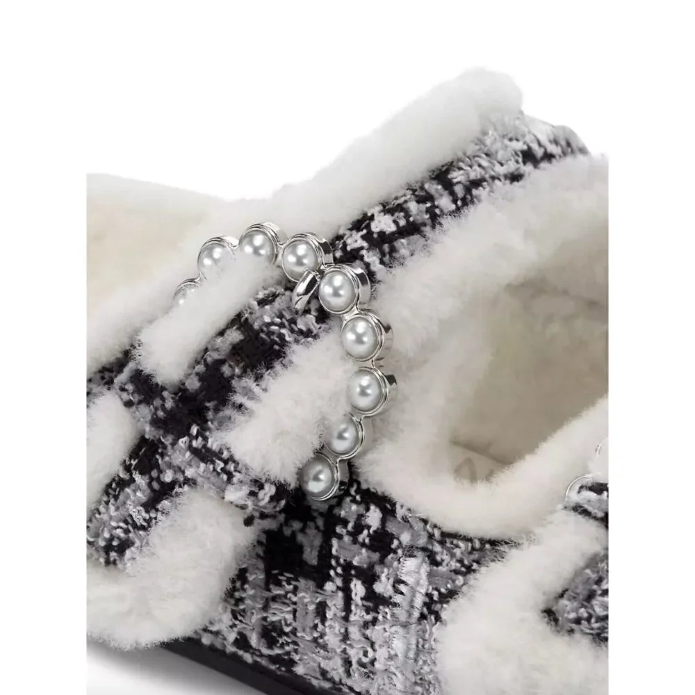 Stuart Weitzman Piper Chill Shearling Lined Tweed Pearl Slides White Black 8